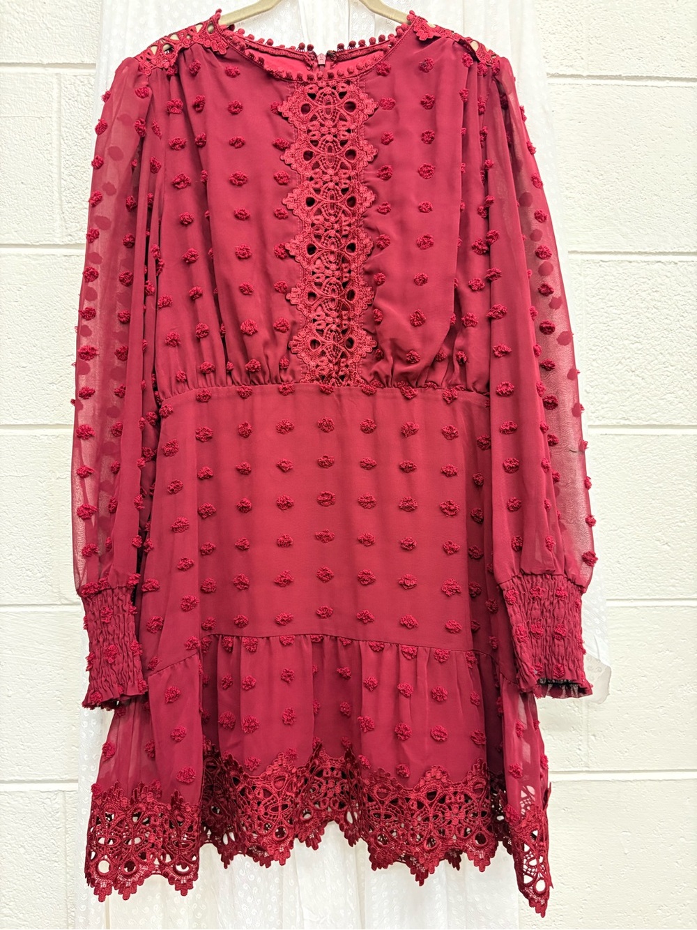 Lulus Love or Lust Wine Red Dress Featuring Intricate Embroidery and Lace